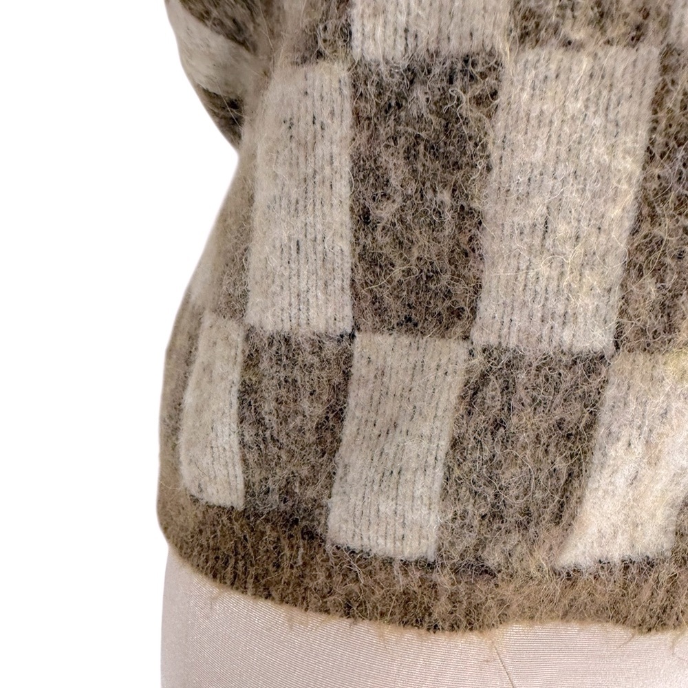 Nanushka Feline Brushed Alpaca Checkered Sweater in Creme/Brown - Picture 8 of 11